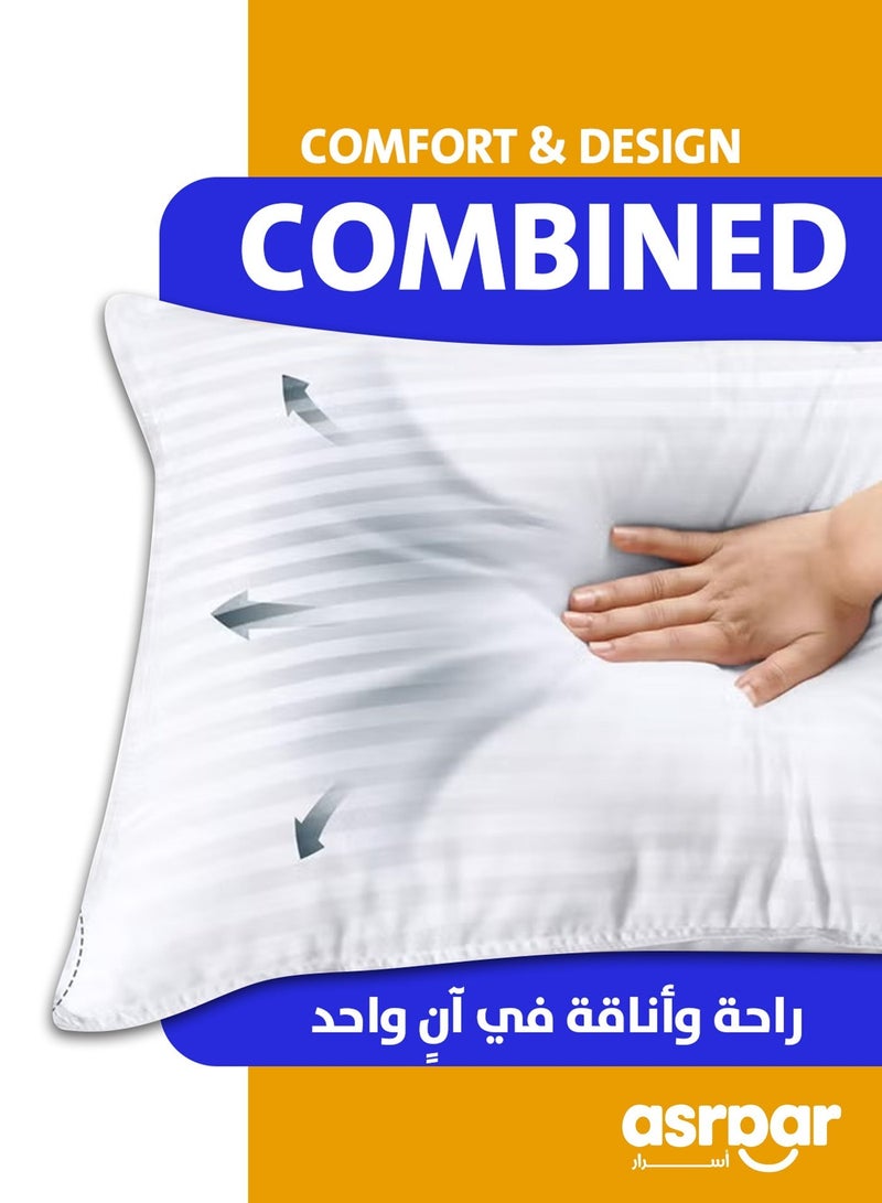 Asraar Premium 20 cm Thick Microfiber Bed Pillows With Stripes, Standard Size 1000 Grams, Hotel-Quality Cooling Pillow for All Sleep Positions - Ideal for Side, Back & Stomach Sleepers, Fluffy Bed Stripe Pillows for Bed, Machine Washable, 75 x 50 cm White - 2 Pillow - Image 4